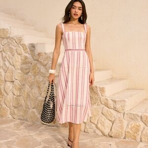 Commense Striped Linen & Cotton Tiered Midi Dress MEDIUM NWT